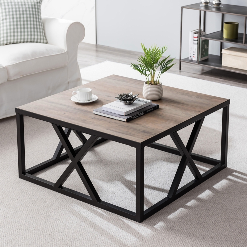 Coffee Table Square Gray Oak-Style Top on Black Metal Sled Base