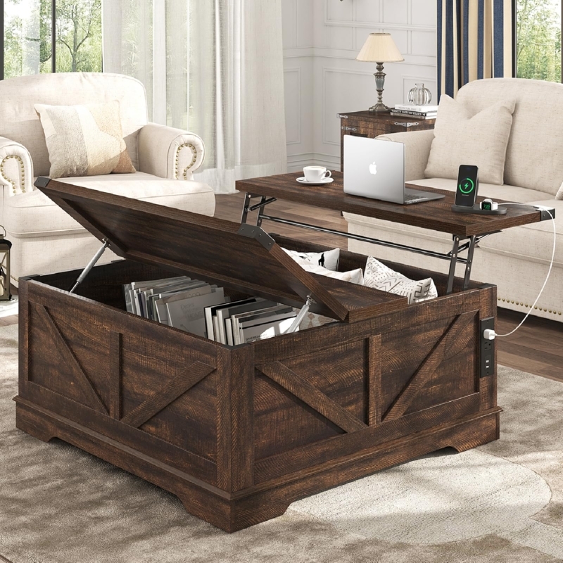 Coffee Table Square Lift Top Barn Door Panels Built In Outlets Rustic