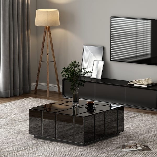 Coffee Table Square Mirrored Top Black Geometric Cross Base Glam