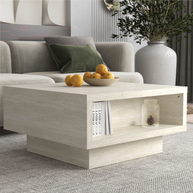 Coffee Table Square Pedestal with Storage Drawer, Natural Light Wood
