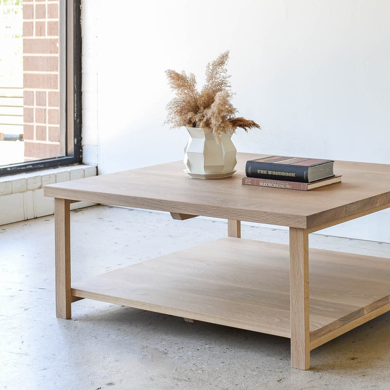 Coffee Table Square Silhouette With Chunky Legs And Integrated Shelf