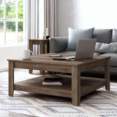 Coffee Table Square Slatted Shelf Light Wood Modern Farmhouse