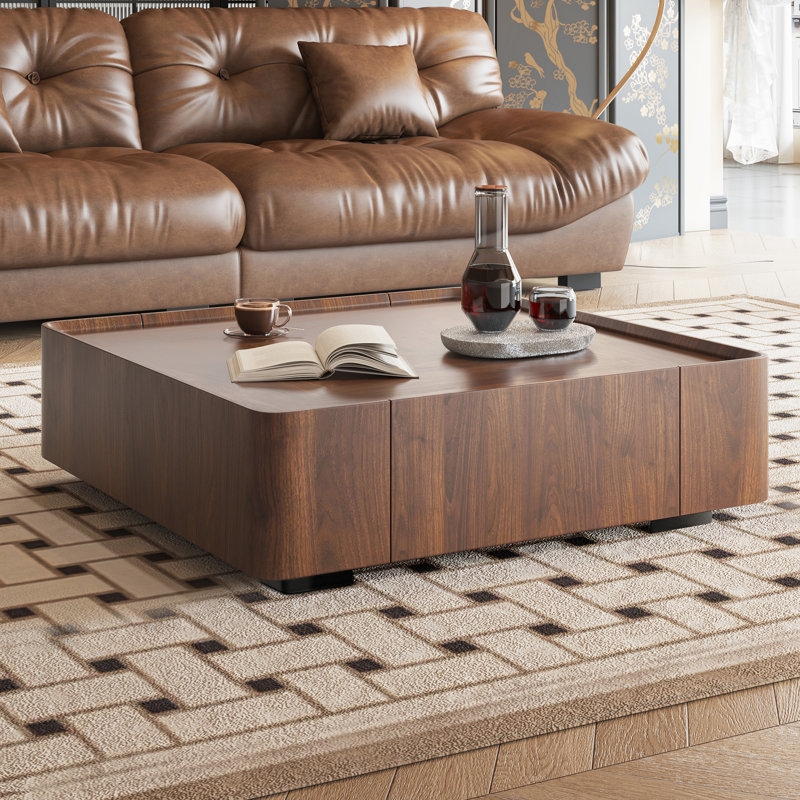 Coffee Table Square Storage Drawers Industrial Walnut Low Profile