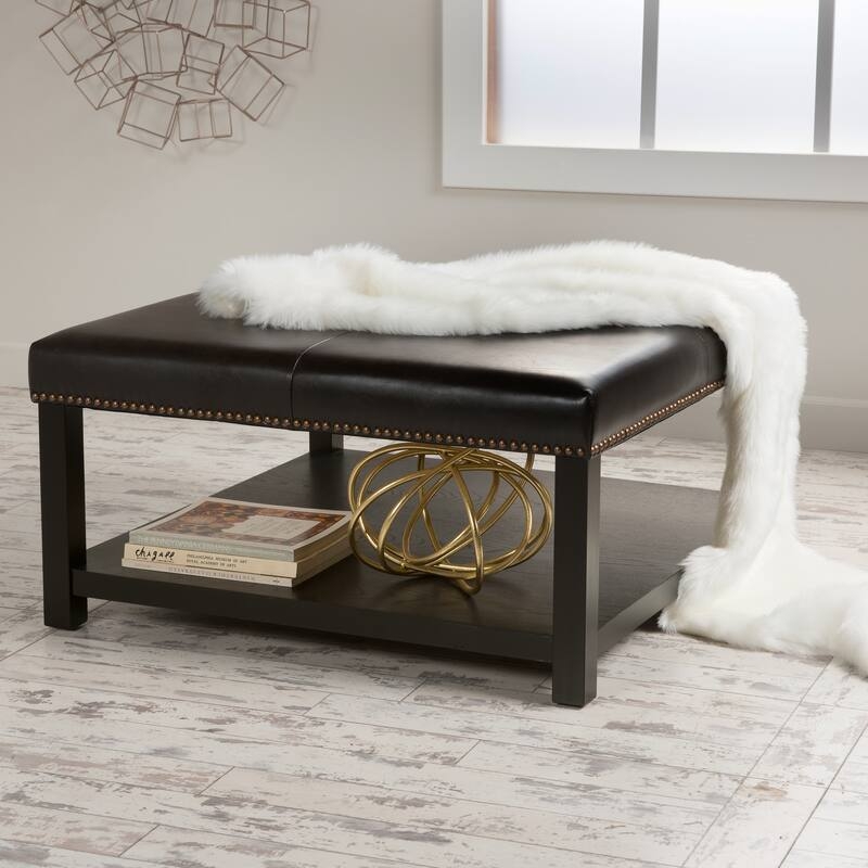 Coffee Table Square Upholstered with Nailhead Trim Open Shelf