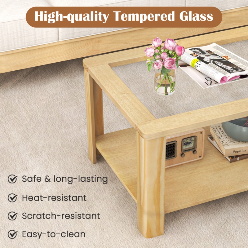 Coffee Table Tempered Glass Two Tier Wood Shelf Industrial Design