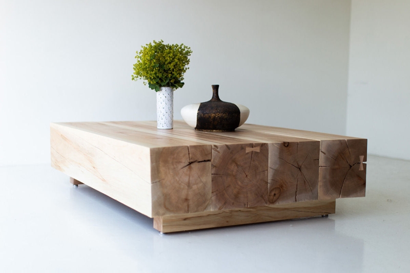 Coffee Table Thick Beam Top Splayed Metal Legs Modern