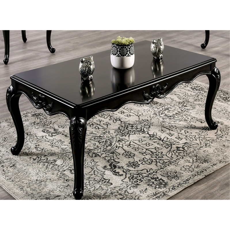Coffee Table Traditional Black Finish Cabriole Legs Decorative Apron