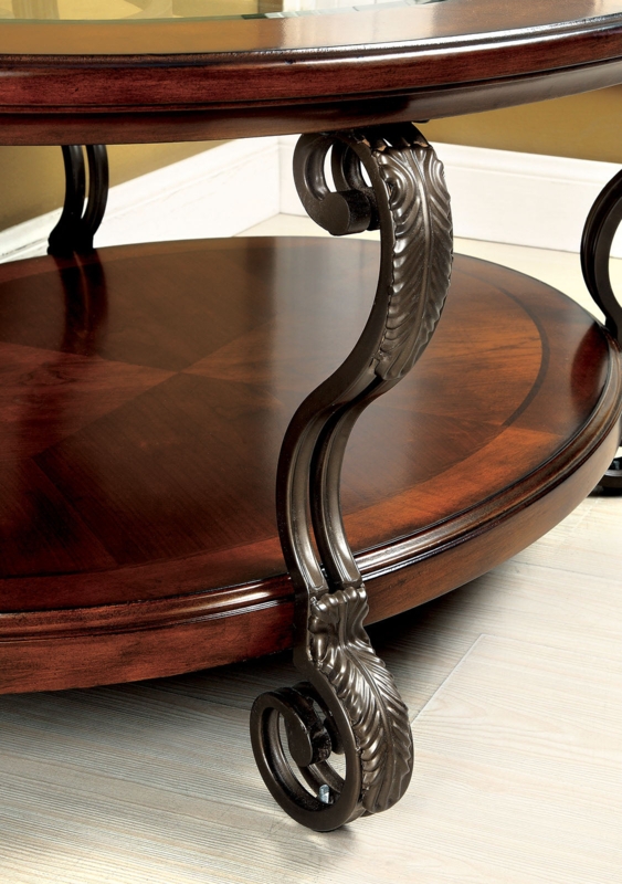 Coffee Table Traditional Brown Cherry Finish Integrated Shelf Floral
