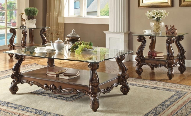 Coffee Table Traditional Glass Inset Top Ornate Scroll Legs Carved Wood