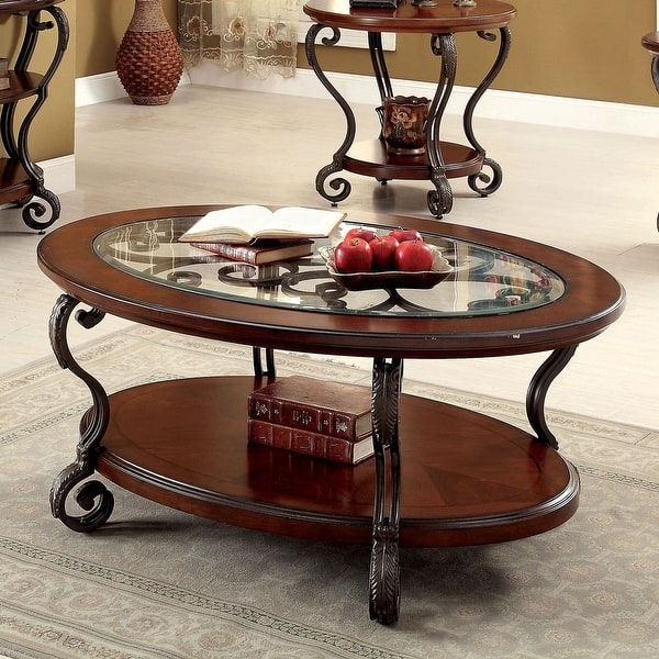 Coffee Table Traditional Oval Shape Glass Inset Top Espresso Finish