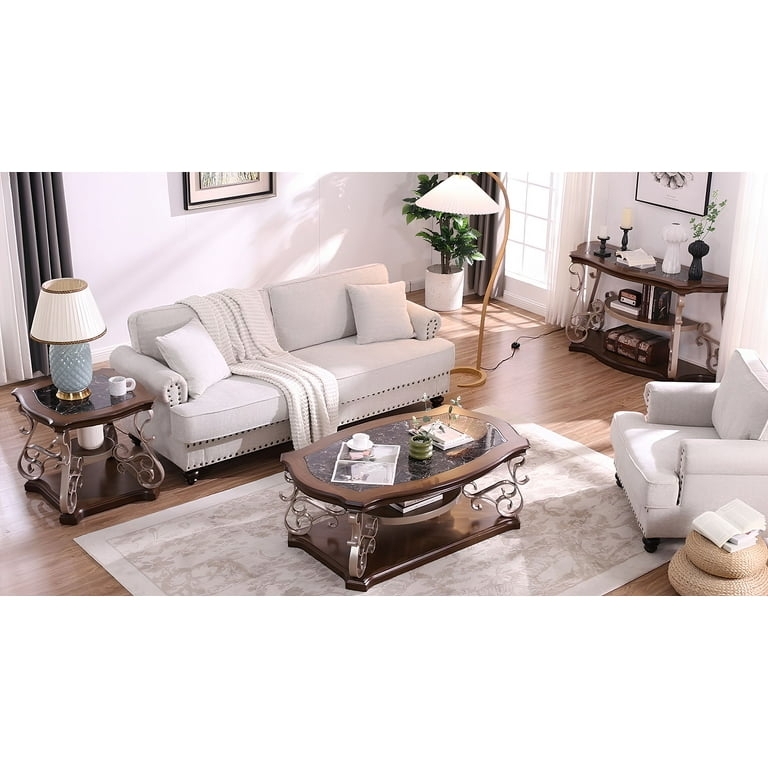 Coffee Table Traditional Oval Top Marble Pattern Metal Scrollwork Accents