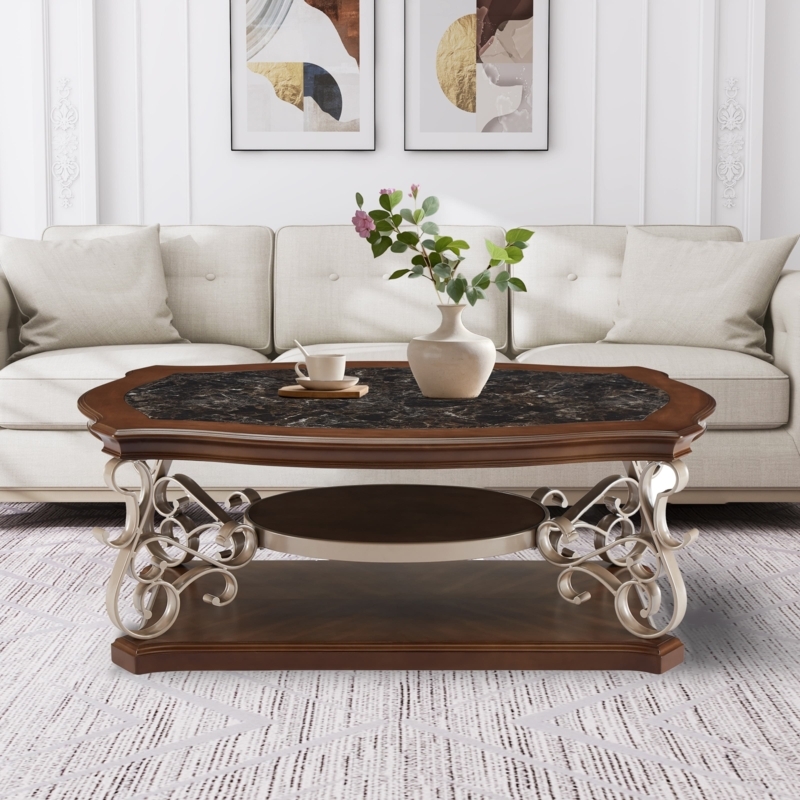 Coffee Table Traditional Stone Like Marbled Top Ornate Metal Scrollwork