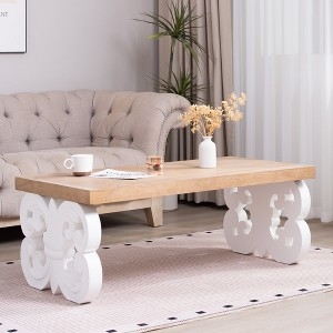 Coffee Table Traditional Two Tone Design White Carved Base Natural Wood Top
