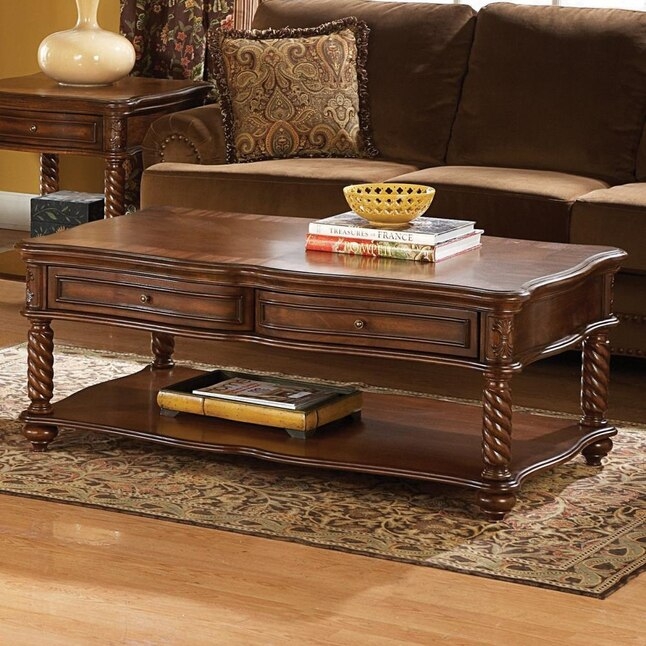 Coffee Table Traditional Victorian Stone Like Inlay Medium Brown Wood