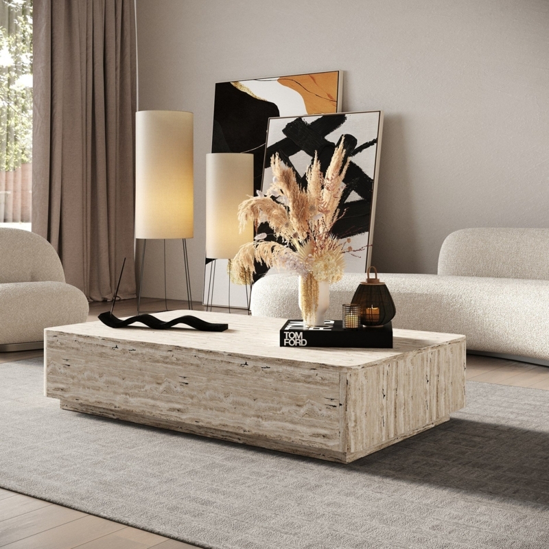 Coffee Table Travertine Look Monolithic Slab Base Beige Stone