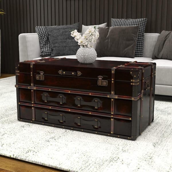 Coffee Table Trunk Design with Drawers and Buckle Straps Vintage