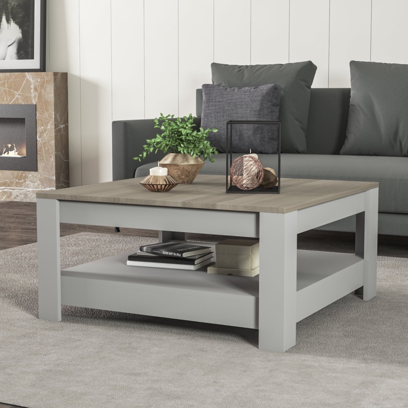 Coffee Table Two Tier Design, Square Scandinavian Grey and Oak Finish
