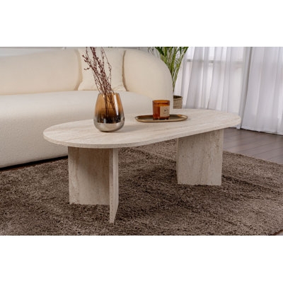 Coffee Table Two Tier Travertine Look Top Wood Toned Base Sophisticated
