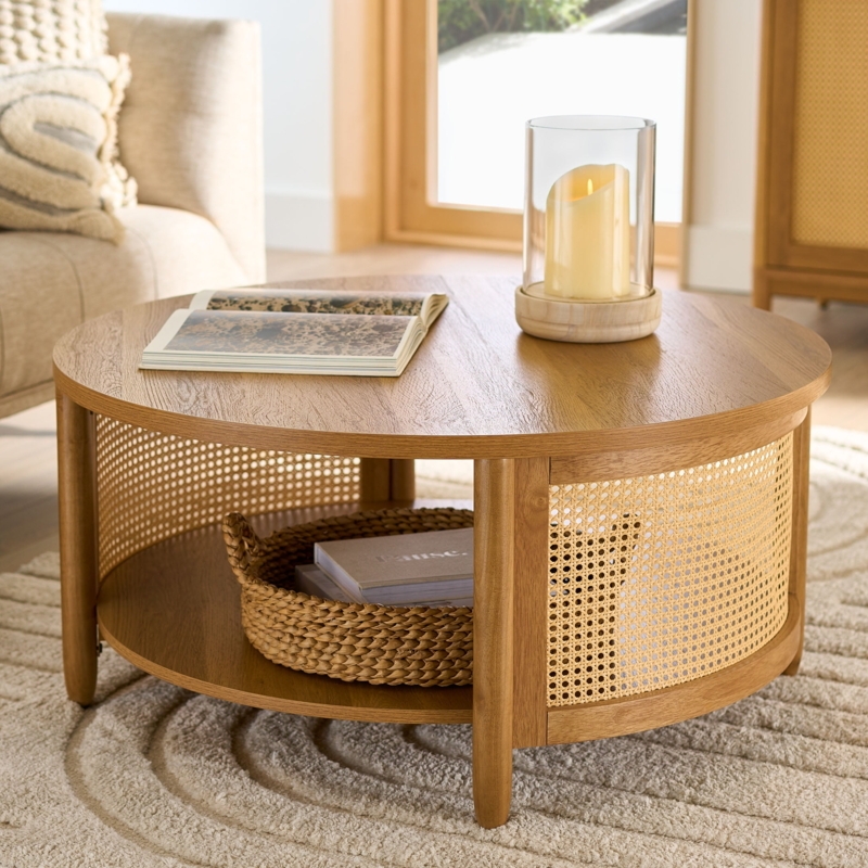 Coffee Table Two-Tier Woven Cane Panels, Light Honey Finish, Boho Chic