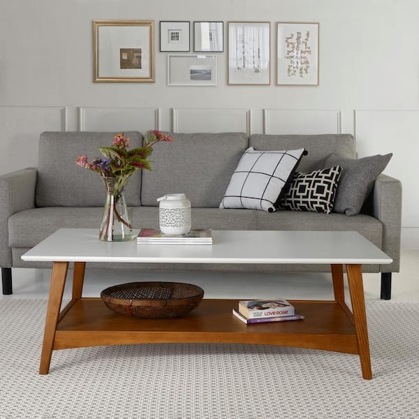 Coffee Table Two-Tone White Top with Splayed Wood Tapered Legs