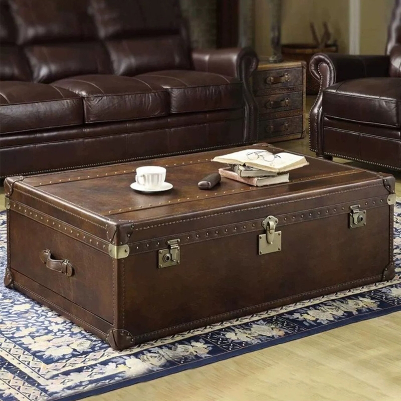 Coffee Table Vintage Box Shape with Buckled Straps Leather Like