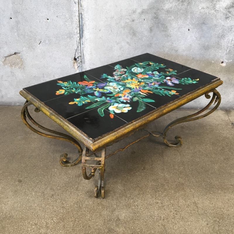 Coffee Table Vintage Wrought Iron Hand Painted Tile Top Floral