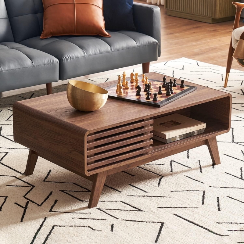 Coffee Table Walnut Low Profile with Dual Side Storage Cubbies