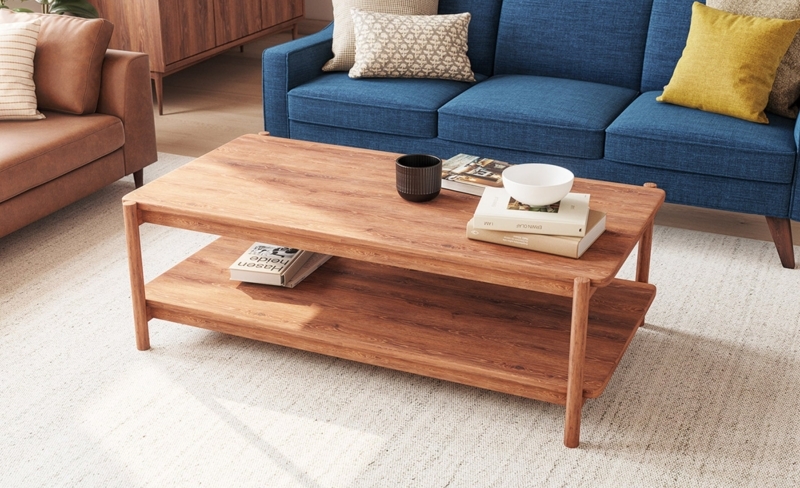 Coffee Table Warm Wood Toned Recessed Apron Solid Rectangular