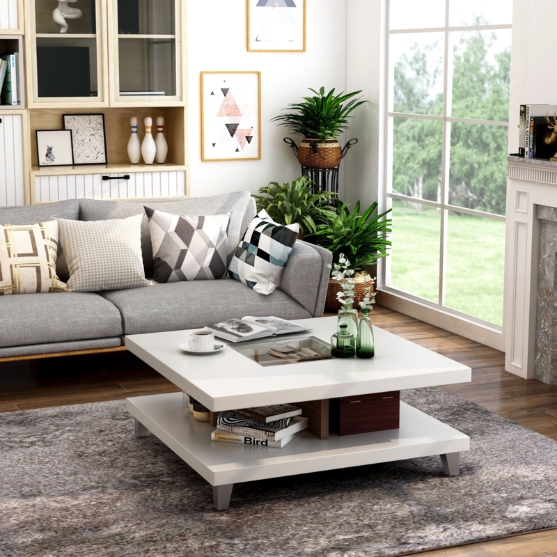Coffee Table White Glass Top Insert Low Profile Open Storage