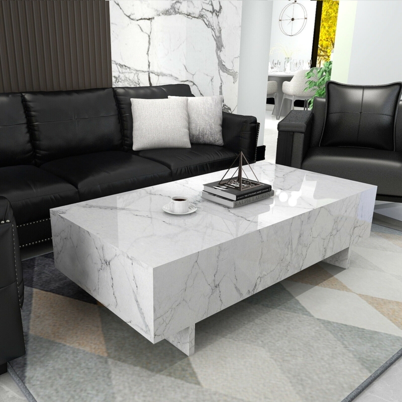 Coffee Table White High Gloss Marble Veining Recessed Floating Base