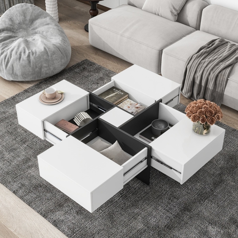 Coffee Table White High Gloss Sliding Top Hidden Storage Modern