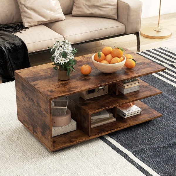 Coffee Table White Modern Asymmetrical 3-Tier L-Shaped Shelf Storage
