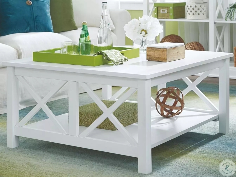 Coffee Table White Square Top Slatted Shelf Shaker Coastal Style