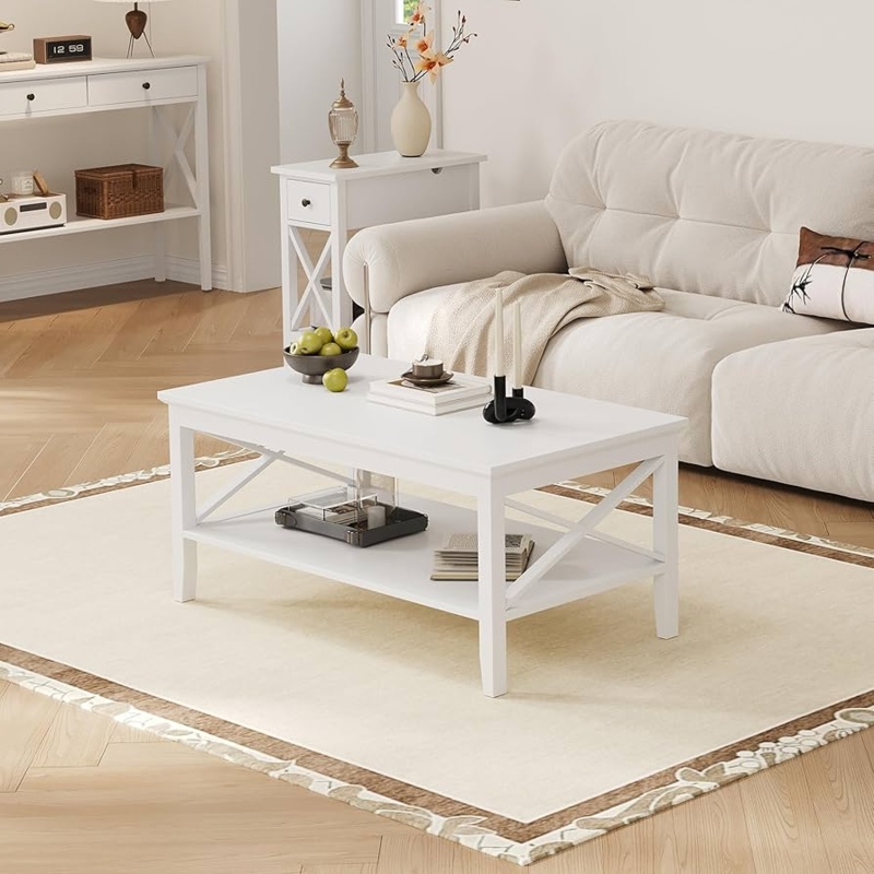 Coffee Table White X Side Panels Storage Shelf Modern Farmhouse Design