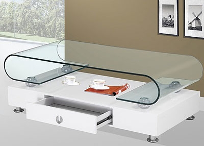 Coffee Table with Asymmetric Storage. White gloss furniture with drawers.