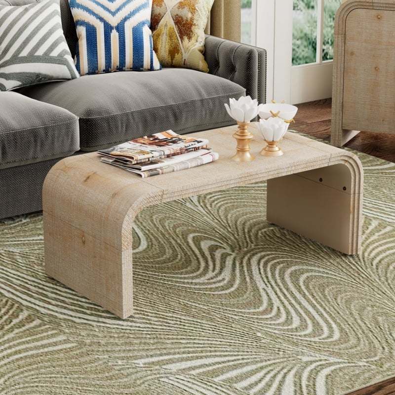 Coffee Table with Curved Pedestal Base, Natural Light Wood Wash