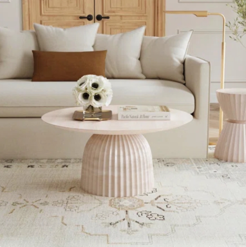 Coffee Table with Drum Base, Cream Plaster-Like Finish, Minimalist