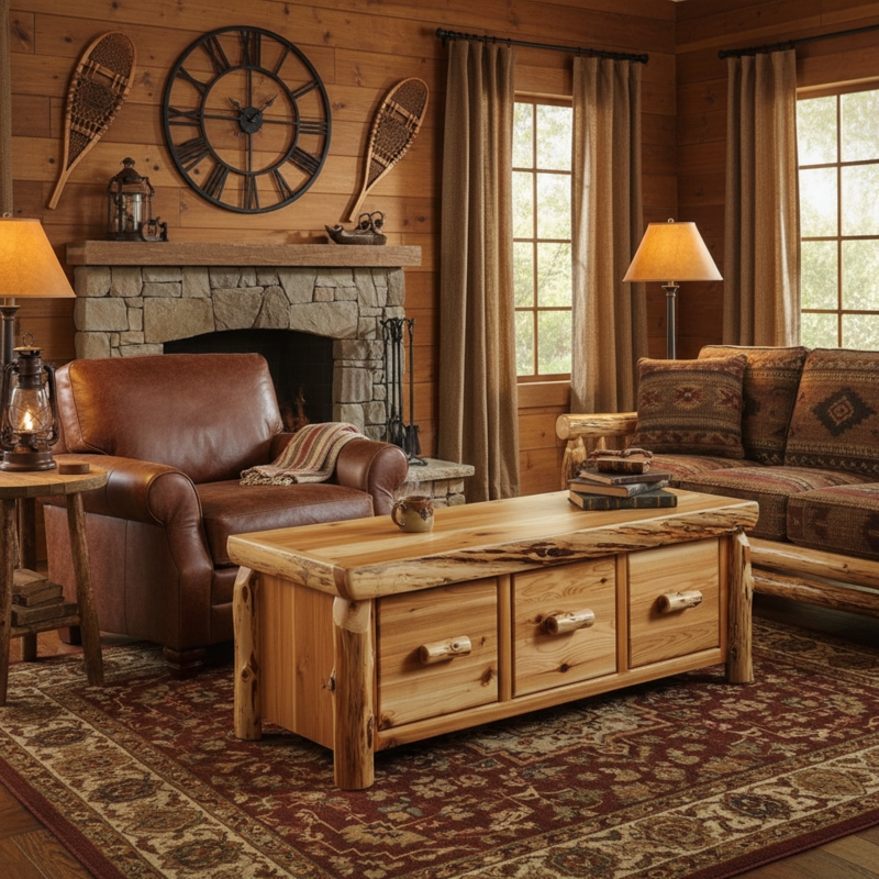 Coffee Table with Enclosed Base, Three Storage Drawers and Log Style Legs