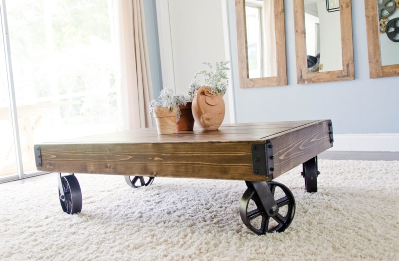 Coffee Table with Factory Cart Wheels & Weathered Plank Top