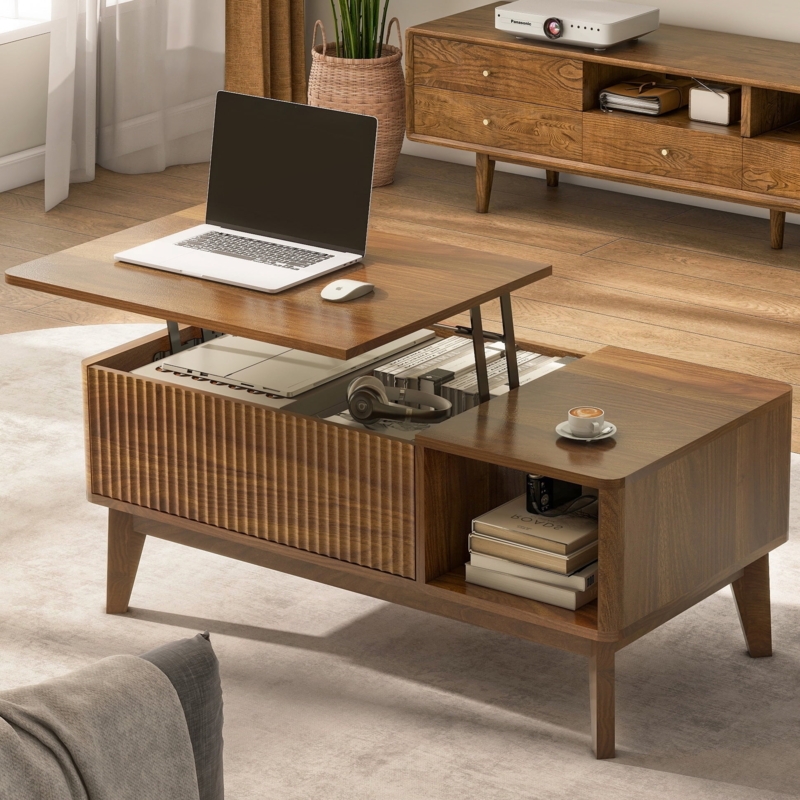 Coffee Table with Fluted Panels, Lift Top Storage, Light Oak Finish