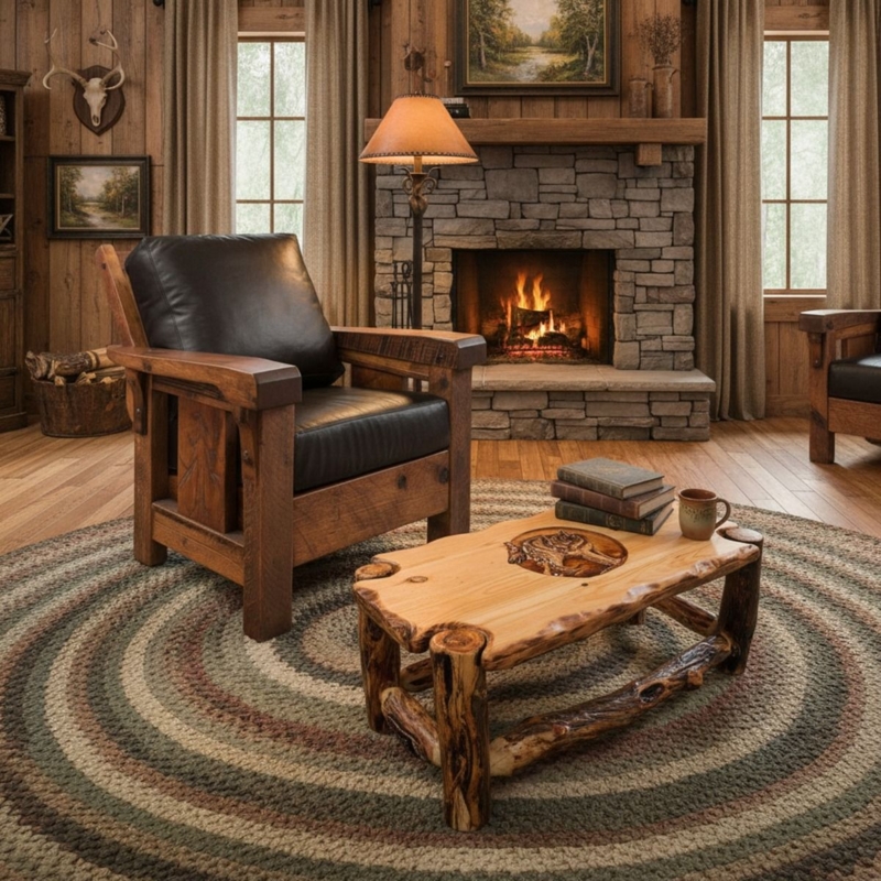 Coffee Table with Hand Carved Wildlife Scene on Thick Wood Slab Top