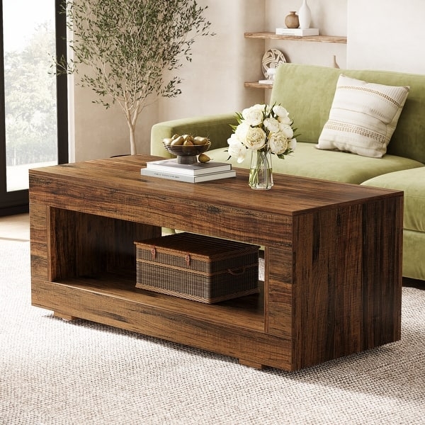 Coffee Table with Integrated Side Storage. Warm Wood, Block Base Design.