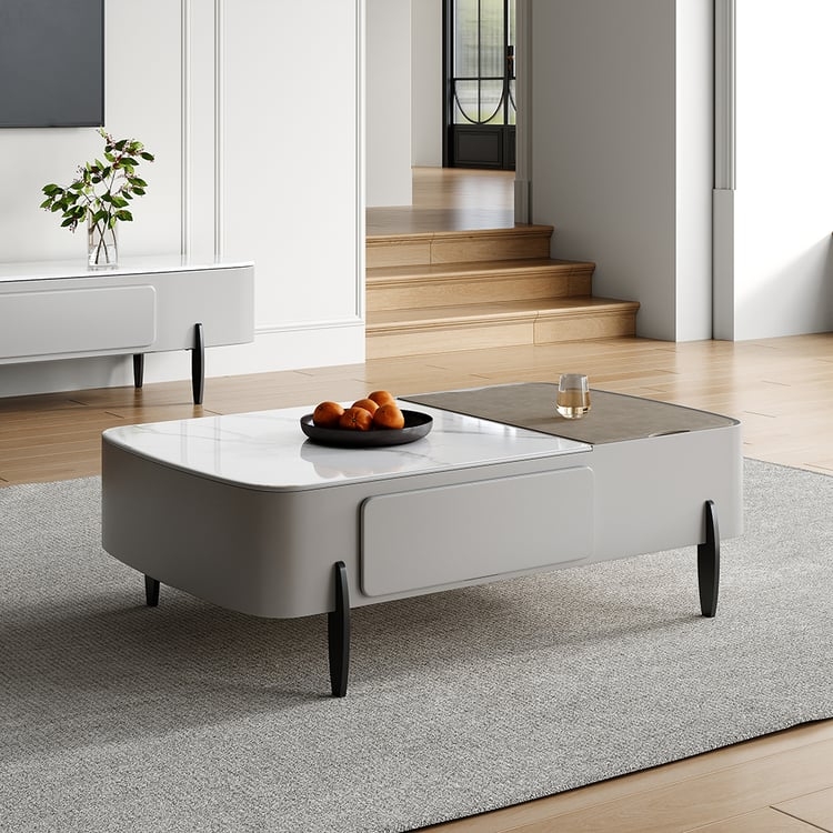 Coffee Table with Lift Top, Faux Marble and Leather-Like Drum Base