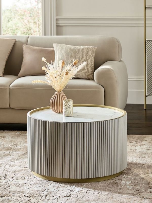 Coffee Table with Lipped Edge, Round Whitewashed Wood and Tripod Base