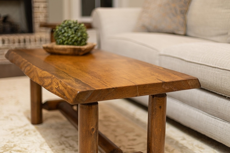 Coffee Table with Live Edge Top and Rustic Honey Pine Log Legs