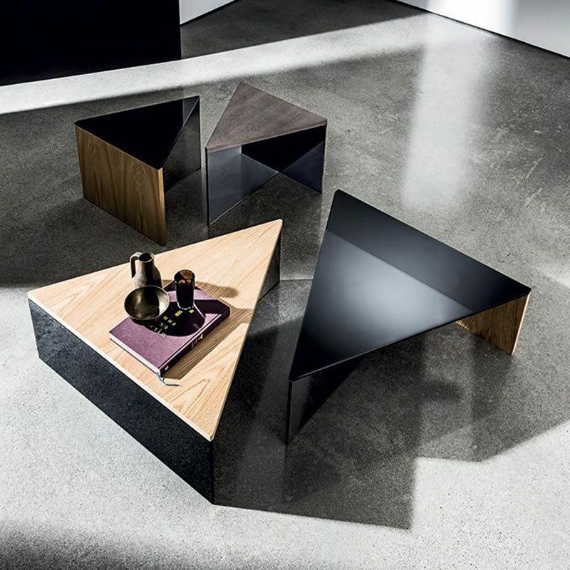 Coffee Table with Massive Wood Block Base and Triangular Glass Top
