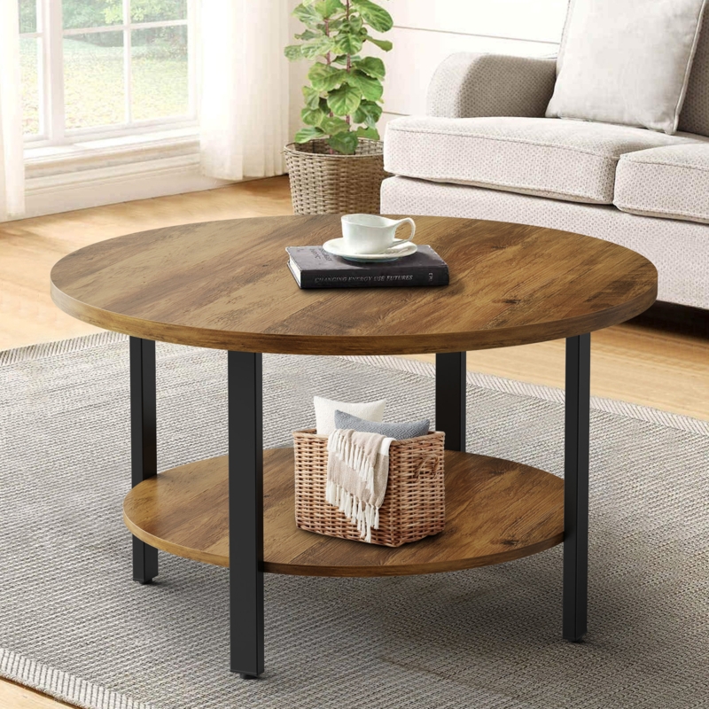 Coffee Table with Metal Mesh Storage and Raised Rim Top
