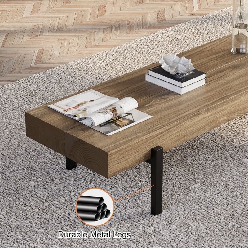 Coffee Table with Narrow Rectangular Form, Wood Top, Black Metal Frame