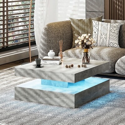 Coffee Table with Open Shelf Design, Gray Wood Grain and LED Lighting