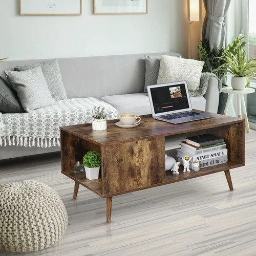 Coffee Table with Open Storage Shelf, Splayed Legs, Retro Wood